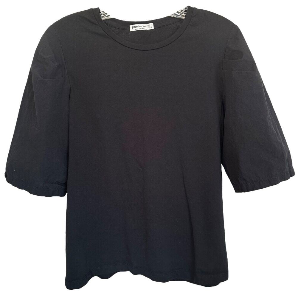 Stradivarius Women's Puff Half Sleeve Blouse Top 100% Cotton Size L Black